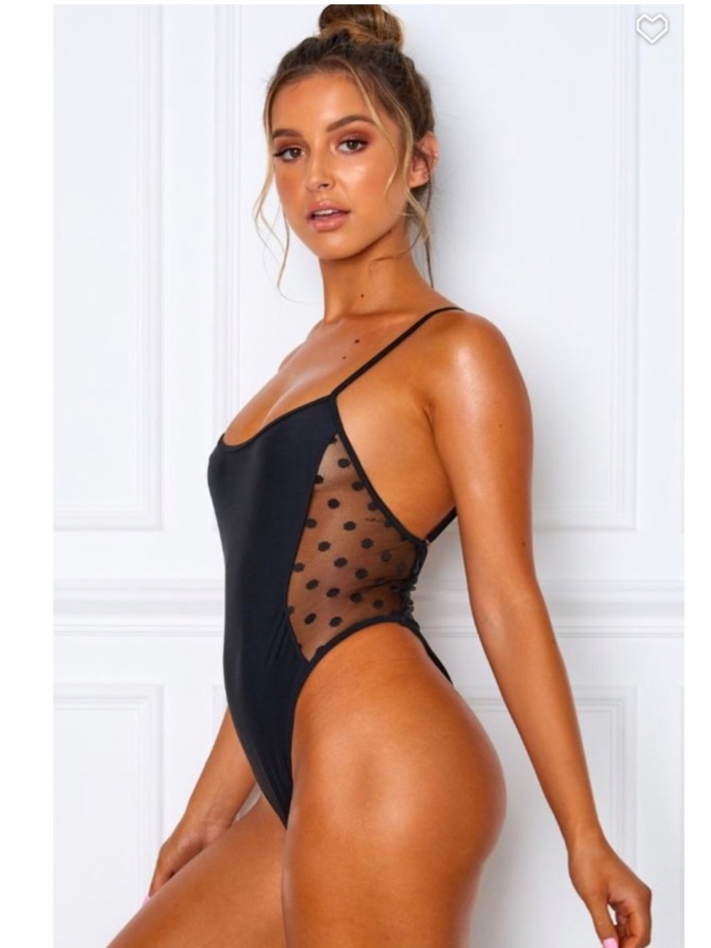 White Fox Swim Low Back Cheeky Black One Piece w Mesh Polka Dot Sides. Size S